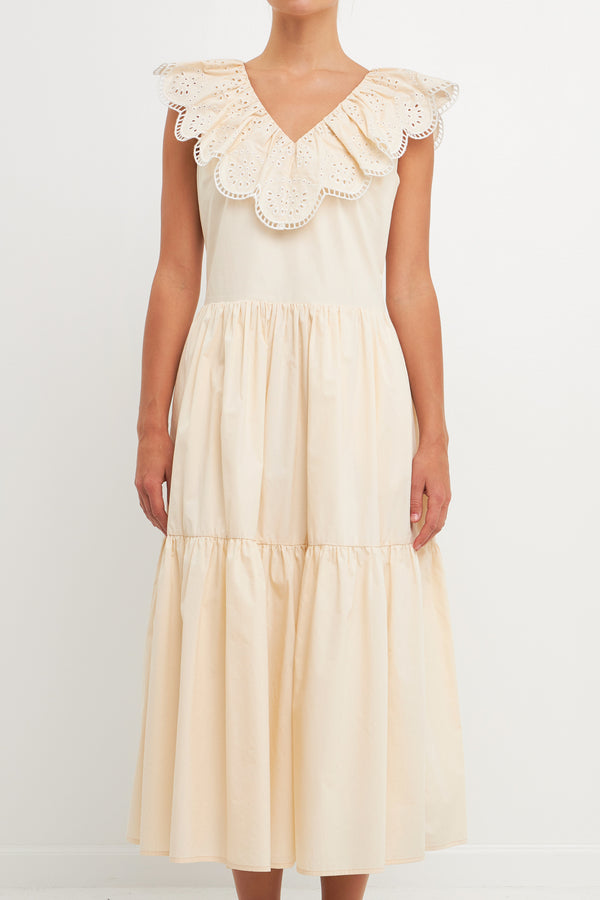 English Factory Ruffled Lace Contrast Midi Dress BEIGE