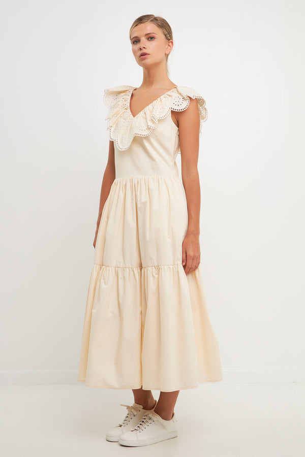 English Factory Ruffled Lace Contrast Midi Dress BEIGE