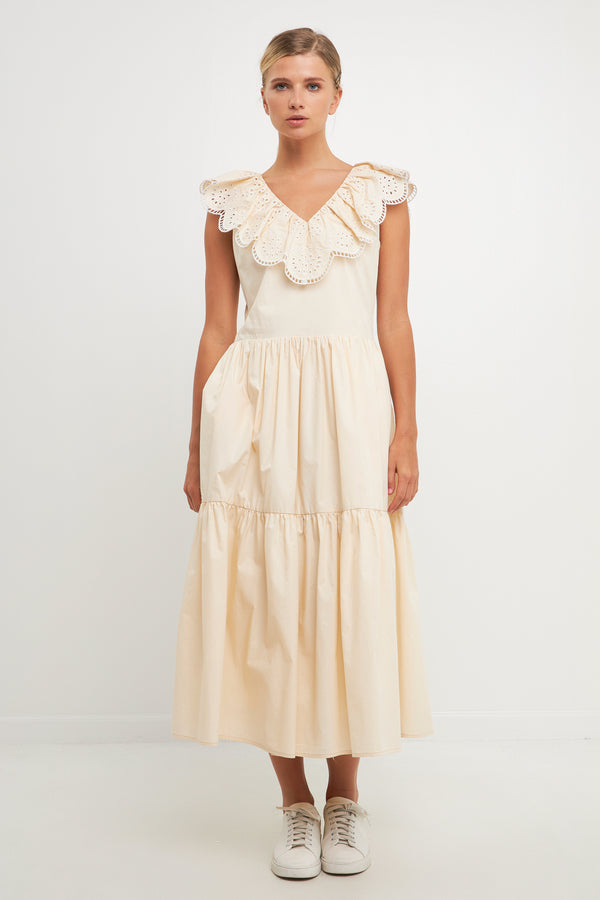 english factory Ruffled Lace Contrast Midi Dress BEIGE