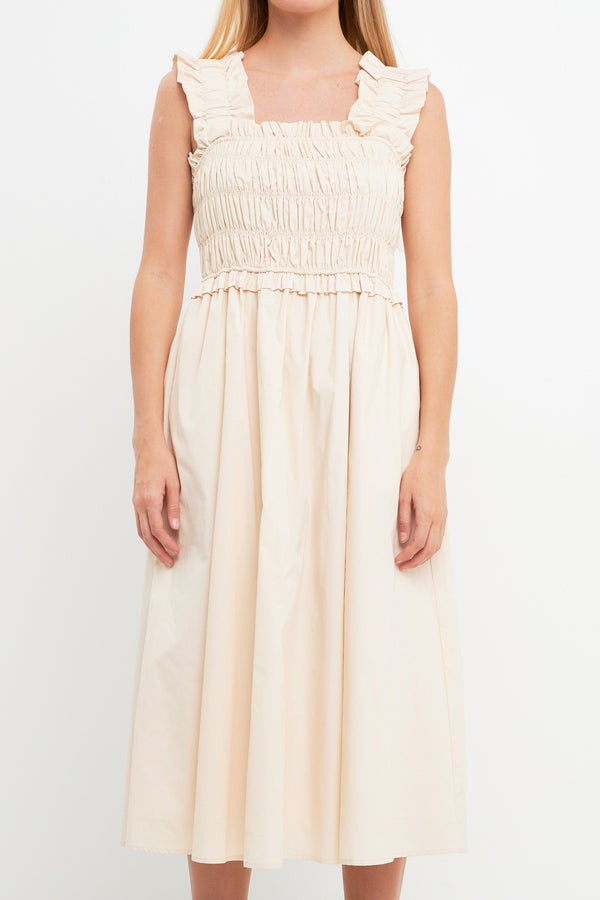 English Factory Ruffled Shoulder Straps Midi Dress BEIGE