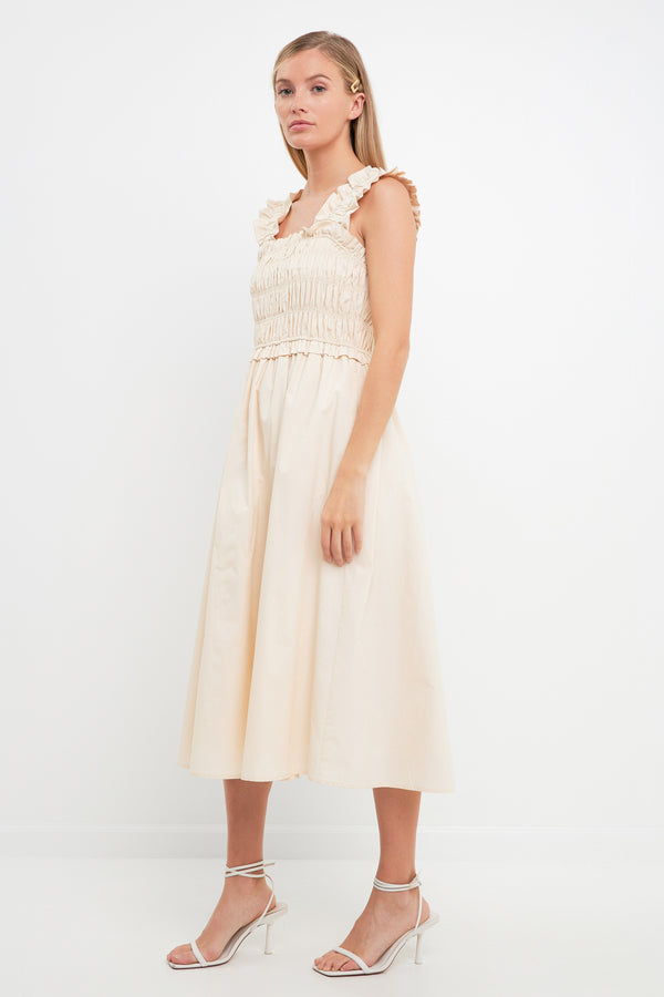 English Factory Ruffled Shoulder Straps Midi Dress BEIGE