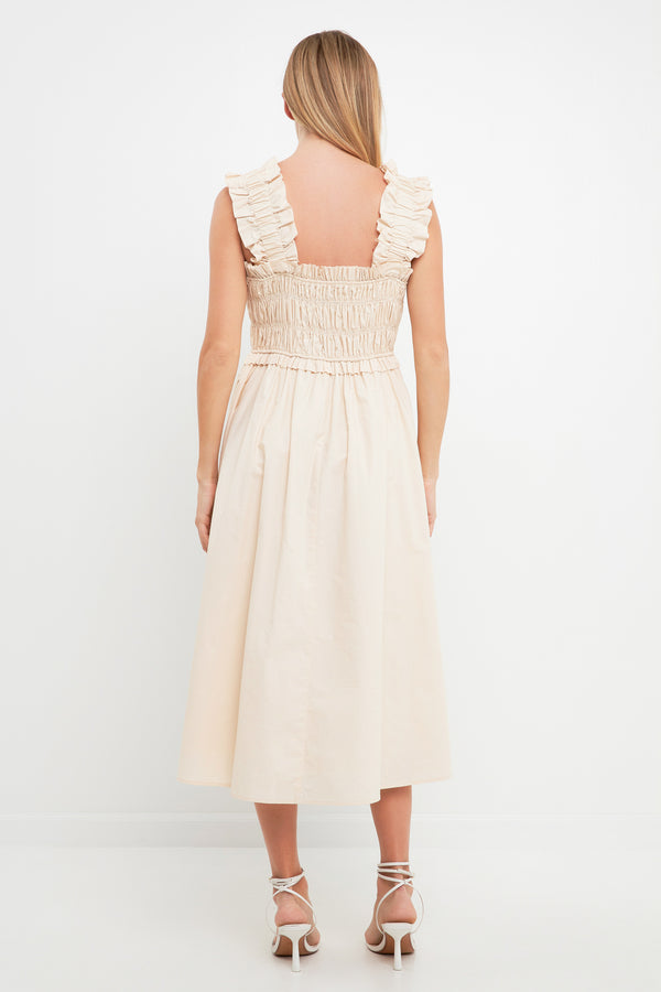 English Factory Ruffled Shoulder Straps Midi Dress BEIGE