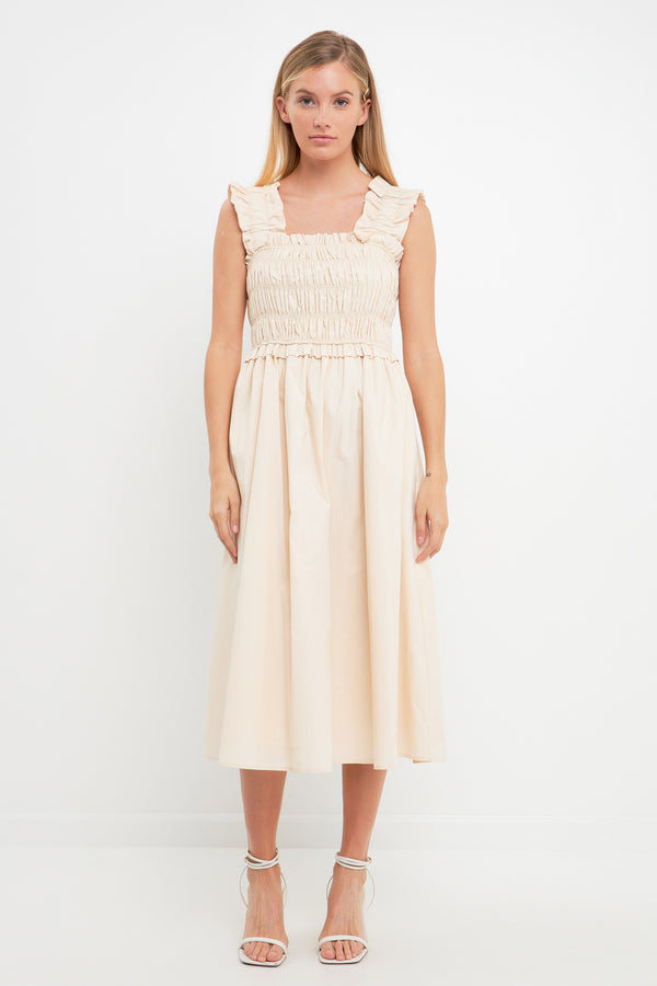 english factory Ruffled Shoulder Straps Midi Dress BEIGE