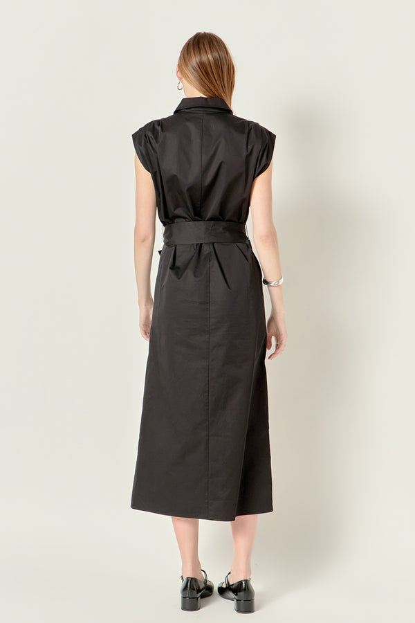 English Factory Sable Shoulder Pleated Button-Up Dress BLACK