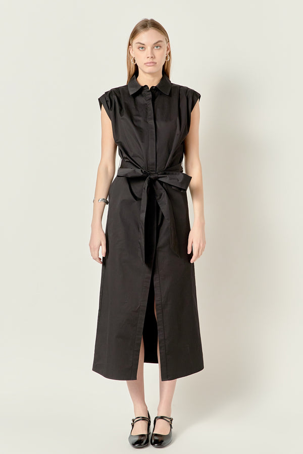 english factory Sable Shoulder Pleated Button-Up Dress BLACK