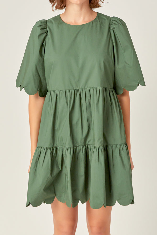English Factory Scallop Detail Tiered Mini Dress In Dark Green DARK GREEN