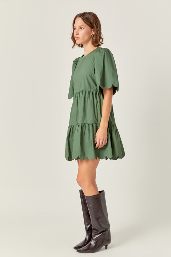 English Factory Scallop Detail Tiered Mini Dress In Dark Green DARK GREEN