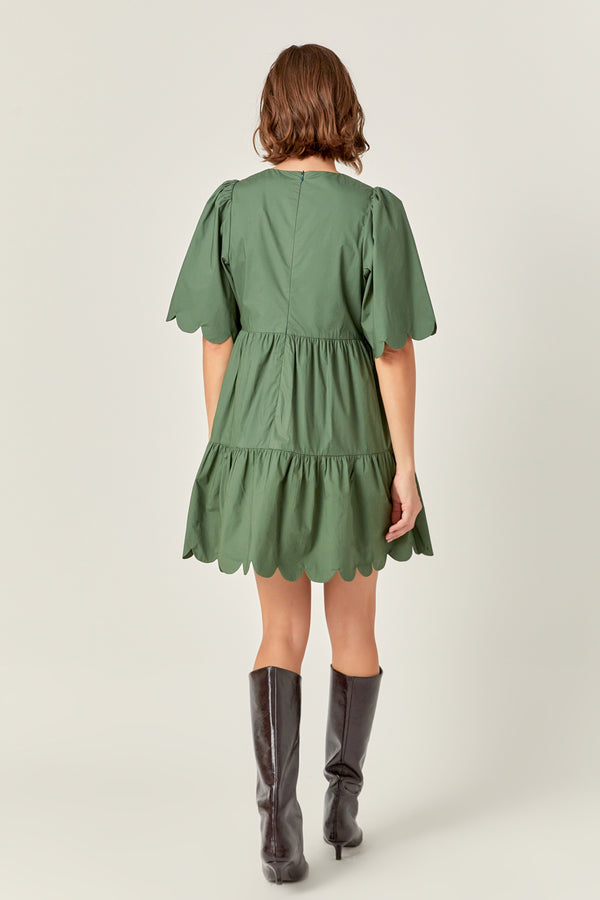 English Factory Scallop Detail Tiered Mini Dress In Dark Green DARK GREEN