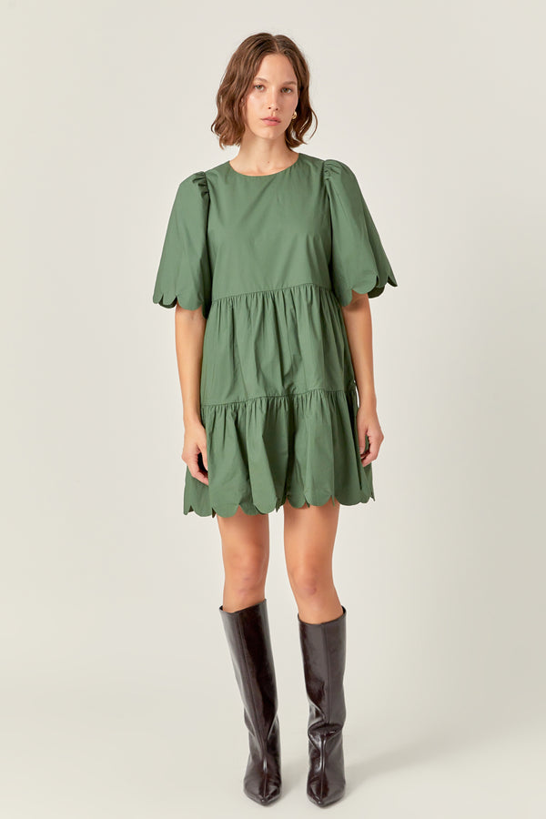 english factory Scallop Detail Tiered Mini Dress in Dark Green DARK GREEN