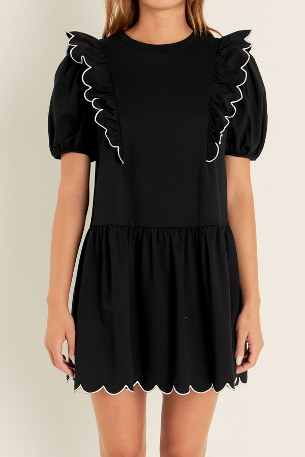 English Factory Scallop Edge Knit Mini Dress BLACK/WHITE