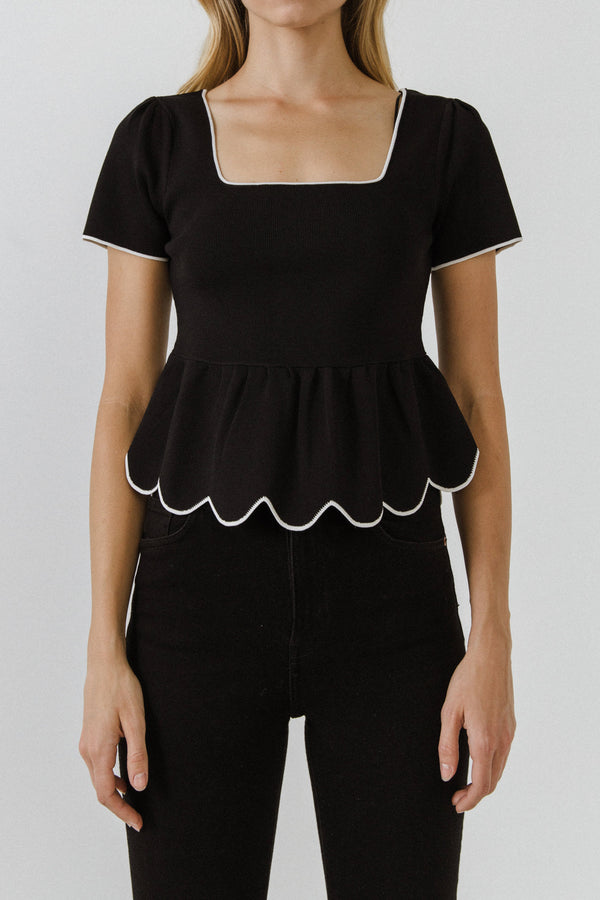 English Factory Scallop Edge Square Neckline Sweater BLACK