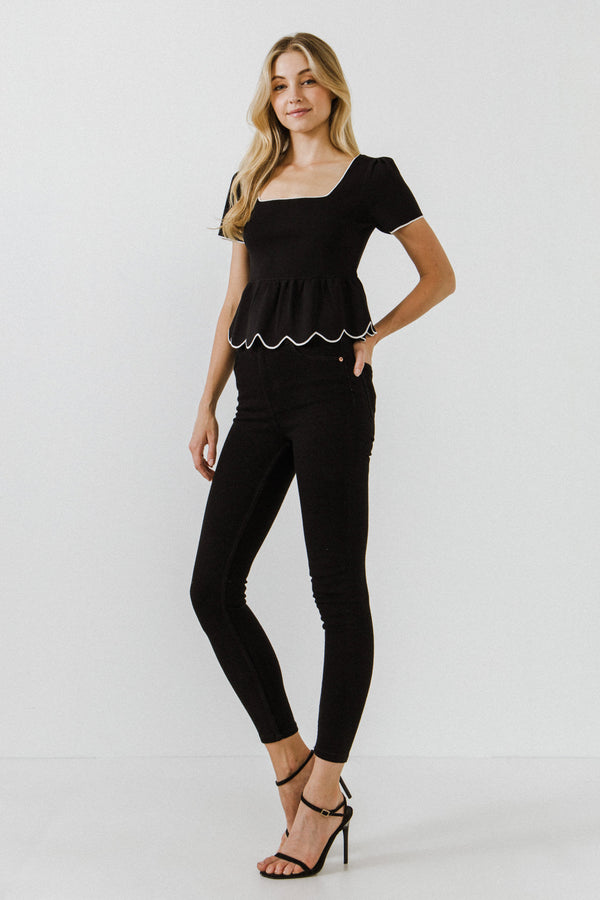 English Factory Scallop Edge Square Neckline Sweater BLACK