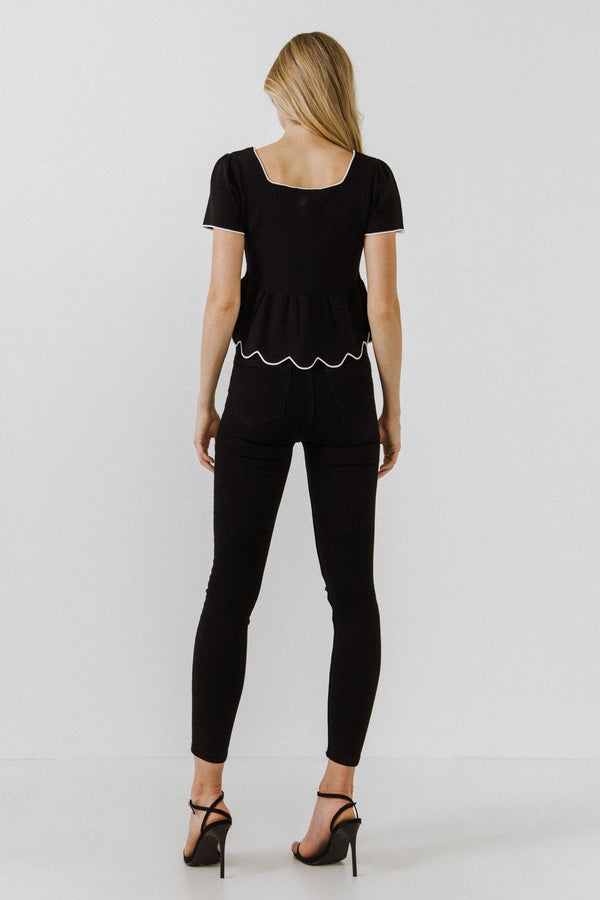 English Factory Scallop Edge Square Neckline Sweater BLACK