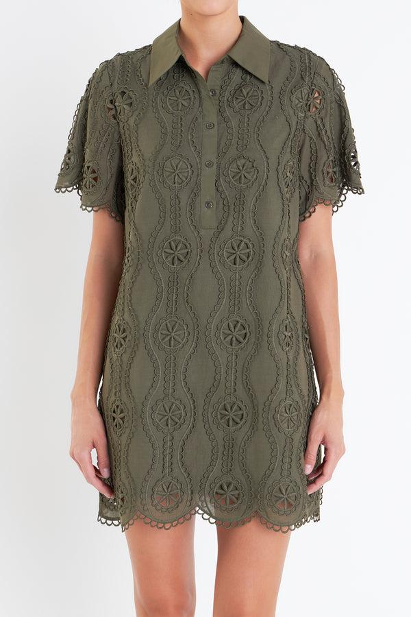 English Factory Scallop Embroidered Cotton Mini Shirt Dress OLIVE GREEN