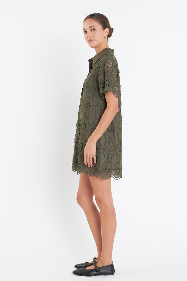 English Factory Scallop Embroidered Cotton Mini Shirt Dress OLIVE GREEN