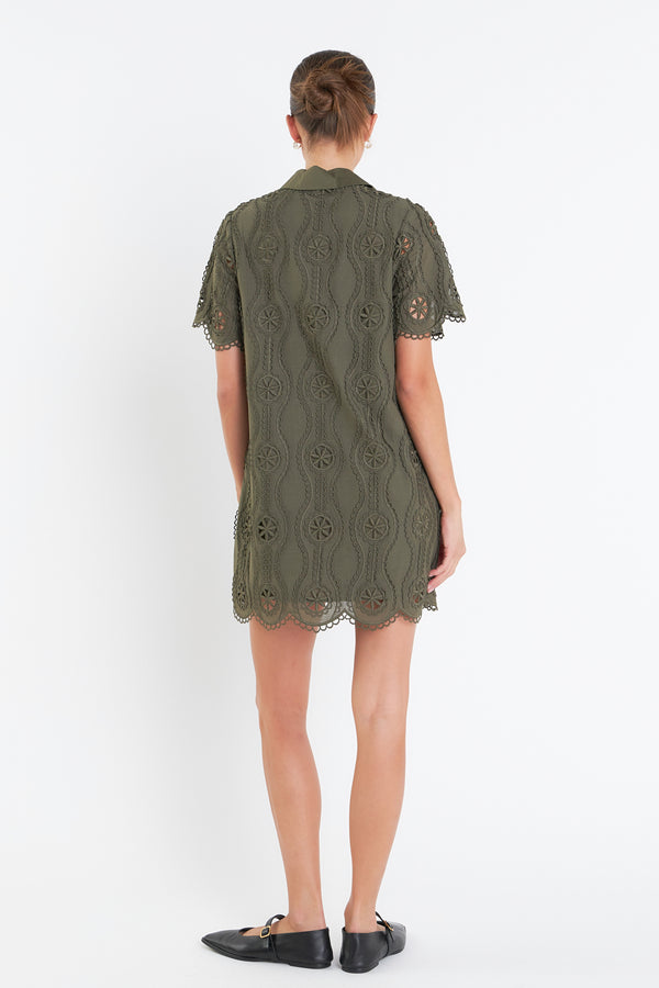 English Factory Scallop Embroidered Cotton Mini Shirt Dress OLIVE GREEN