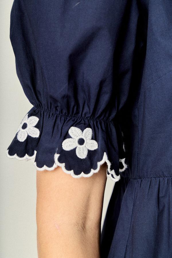 English Factory Scallop Embroidered Puff Sleeve Midi Dress NAVY