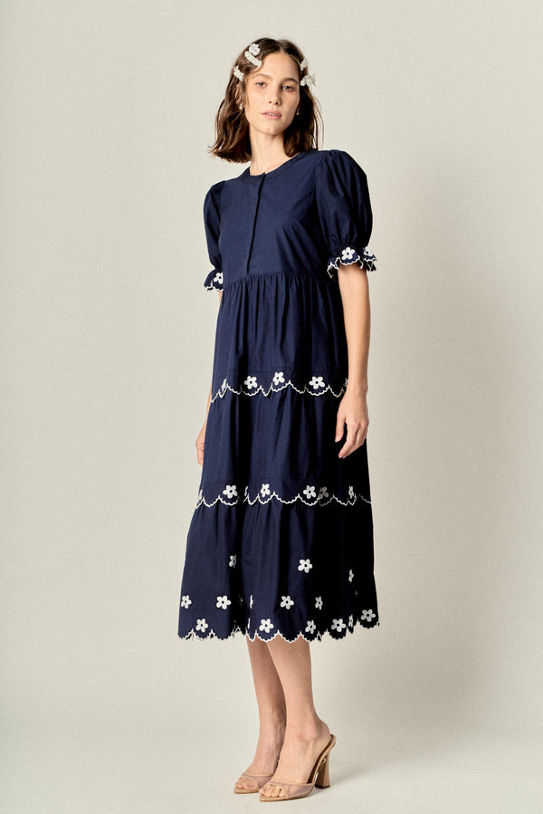 English Factory Scallop Embroidered Puff Sleeve Midi Dress NAVY
