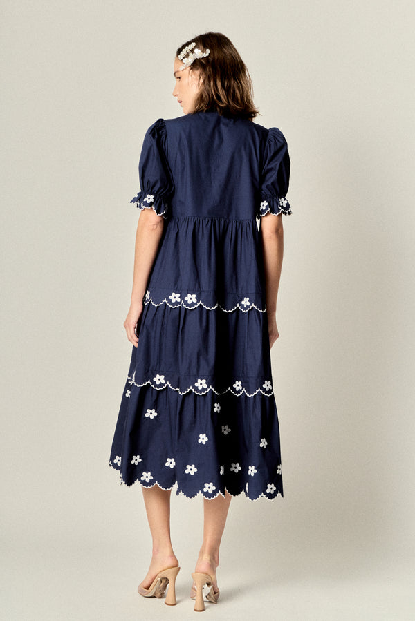 English Factory Scallop Embroidered Puff Sleeve Midi Dress NAVY