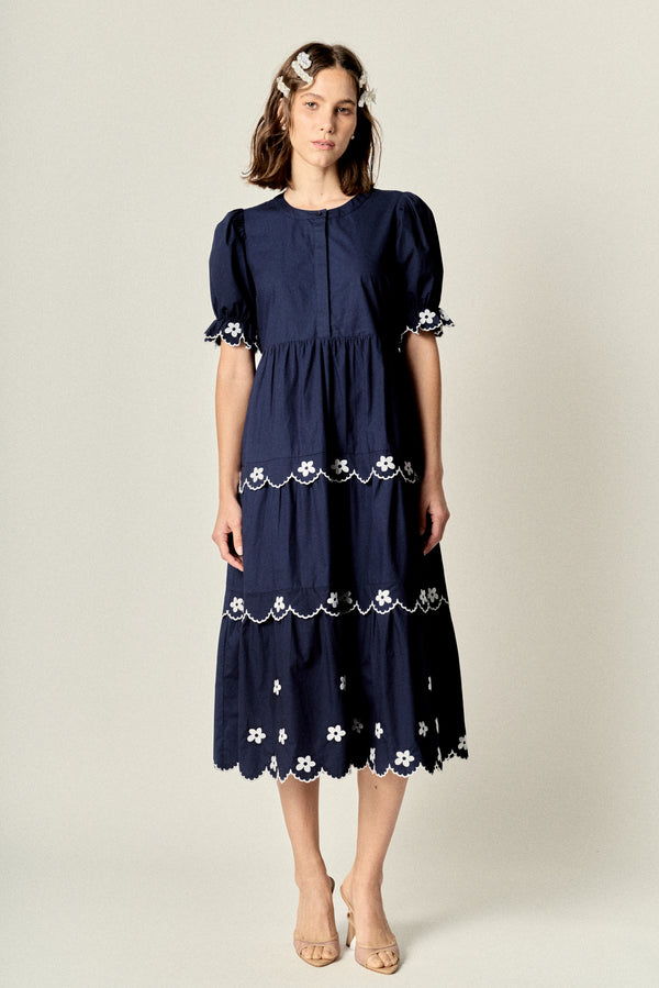 english factory Scallop Embroidered Puff Sleeve Midi Dress NAVY