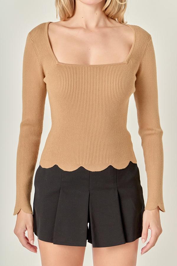 English Factory Scallop Hem Long Sleeve Sweater TAN