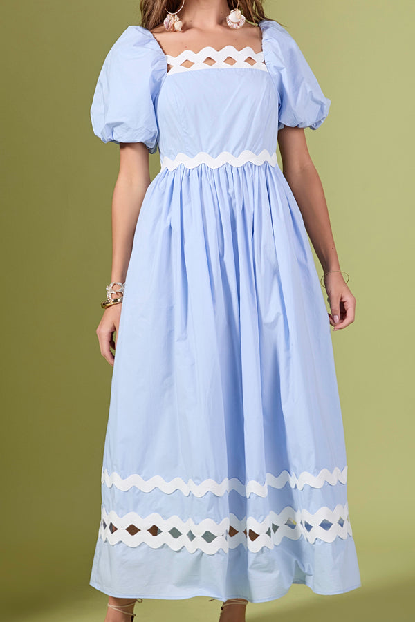 English Factory Scallop Pointed Midi Dress POWDER BLUE/CREAM