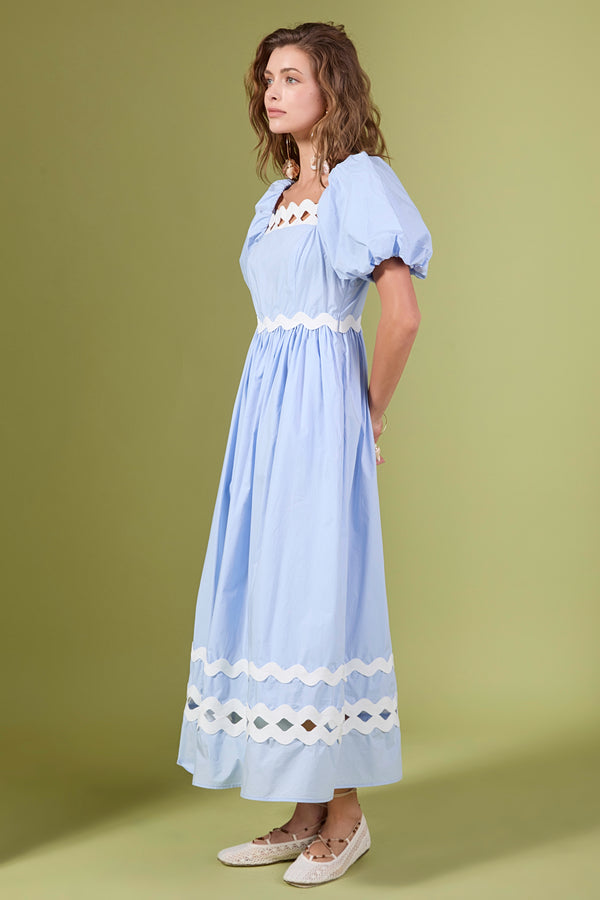 English Factory Scallop Pointed Midi Dress POWDER BLUE/CREAM