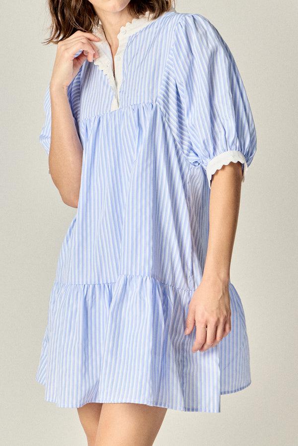 English Factory Scallop Trim Puff Sleeve Stripe Mini Dress POWDER BLUE/WHITE