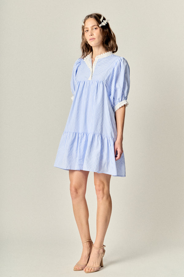 English Factory Scallop Trim Puff Sleeve Stripe Mini Dress POWDER BLUE/WHITE