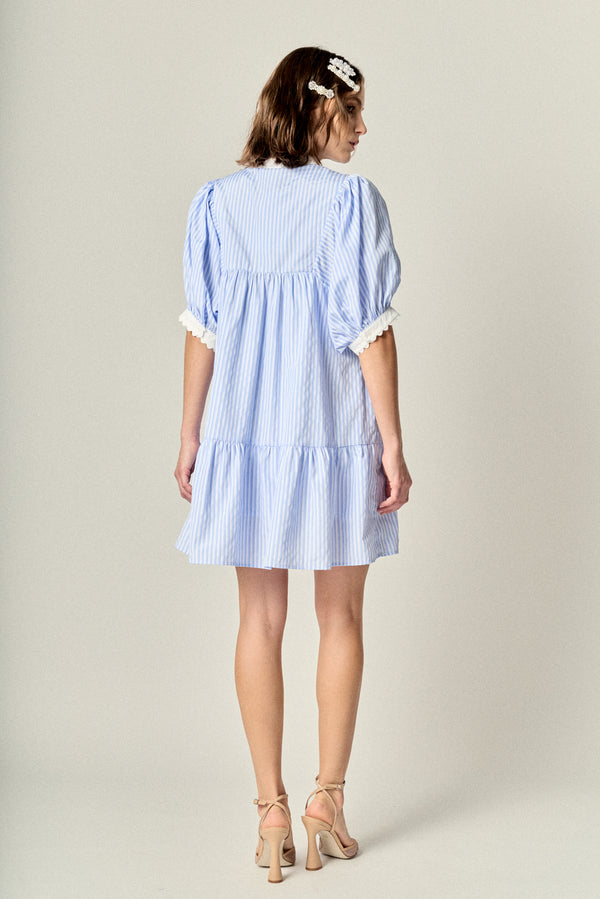 English Factory Scallop Trim Puff Sleeve Stripe Mini Dress POWDER BLUE/WHITE