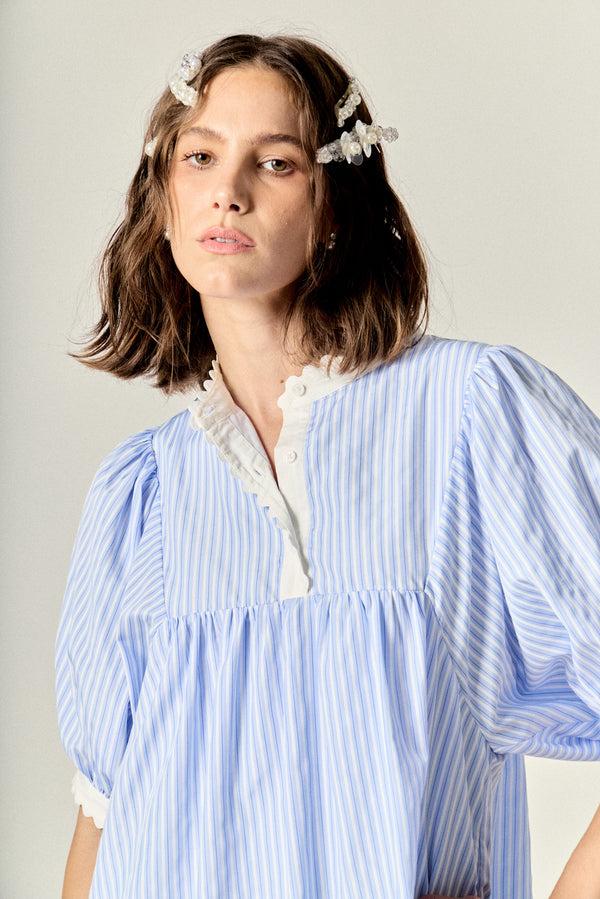 english factory Scallop Trim Puff Sleeve Stripe Mini Dress POWDER BLUE/WHITE