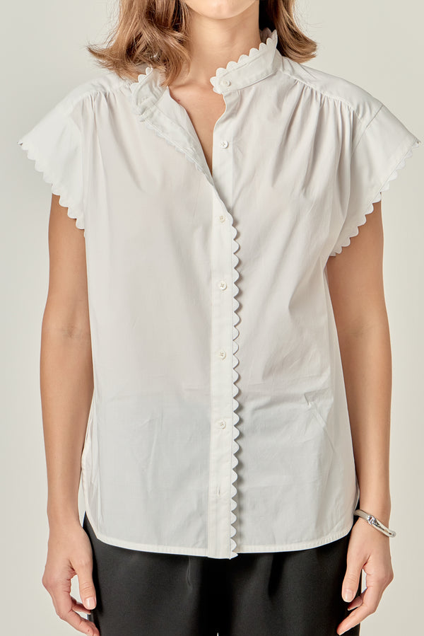English Factory Scallop Trim Ric Rac Short Sleeve Shirt WHITE