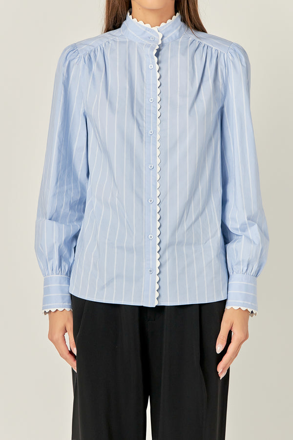 English Factory Scallop Trimmed Stripe Shirt Blouse POWDER BLUE/OFFWHITE