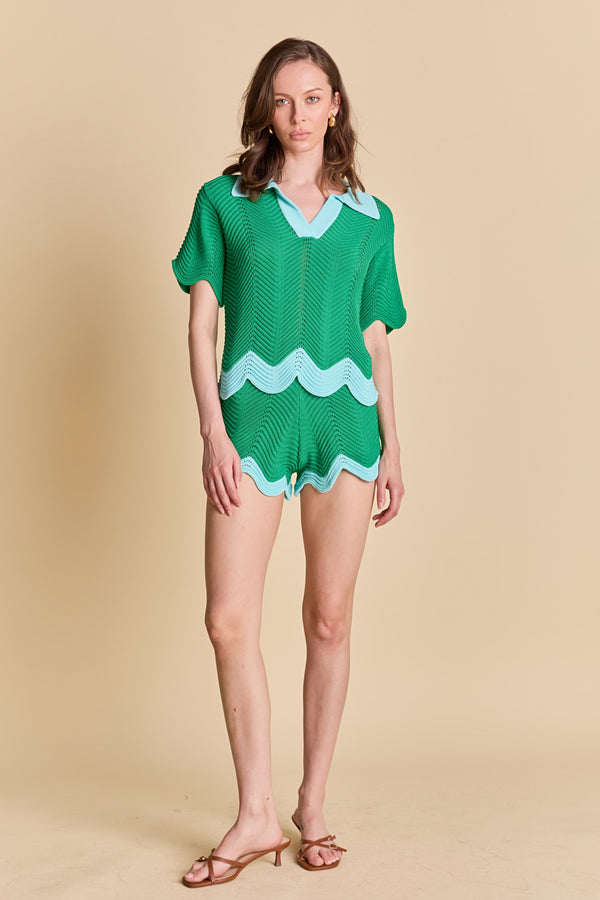 english factory Scallop Wave Knit Polo GREEN/LIGHT BLUE
