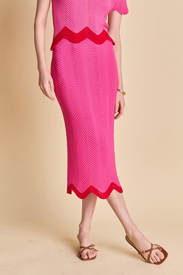 English Factory Scalloped Edge Knit Midi Skirt PINK/RED