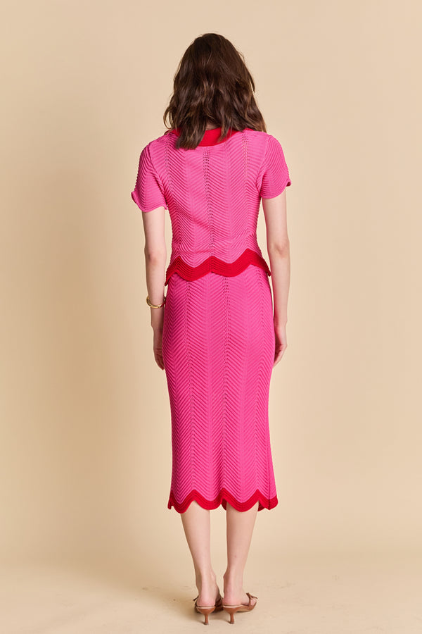 English Factory Scalloped Edge Knit Midi Skirt PINK/RED