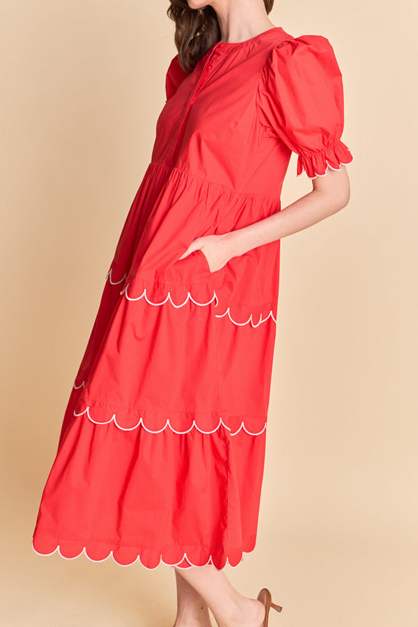 English Factory Scalloped Edge Midi Dress RED/WHITE