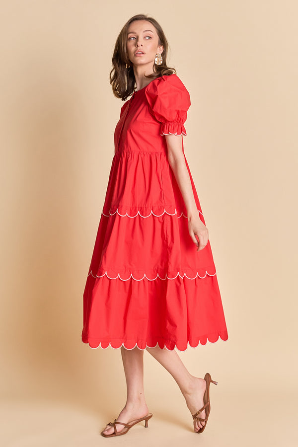 English Factory Scalloped Edge Midi Dress RED/WHITE