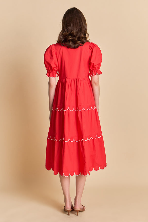 English Factory Scalloped Edge Midi Dress RED/WHITE