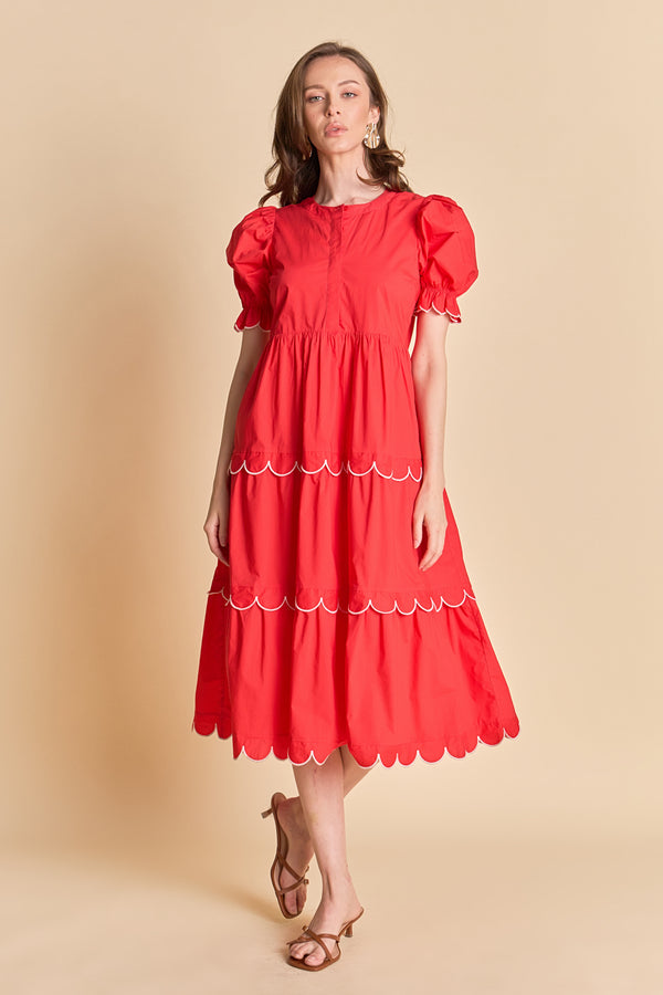 english factory Scalloped Edge Midi Dress RED/WHITE