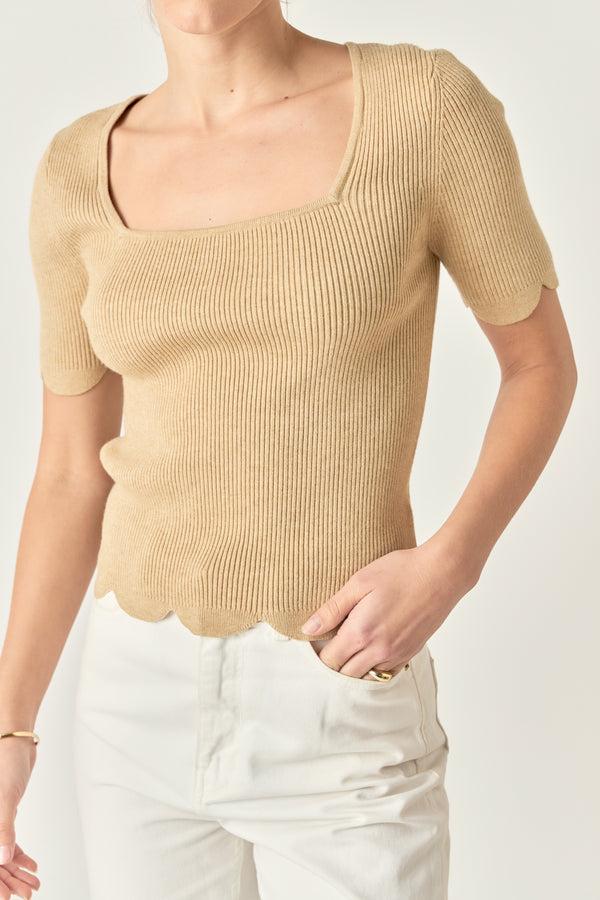 English Factory Scalloped Hem Square Neck Sweater TAUPE