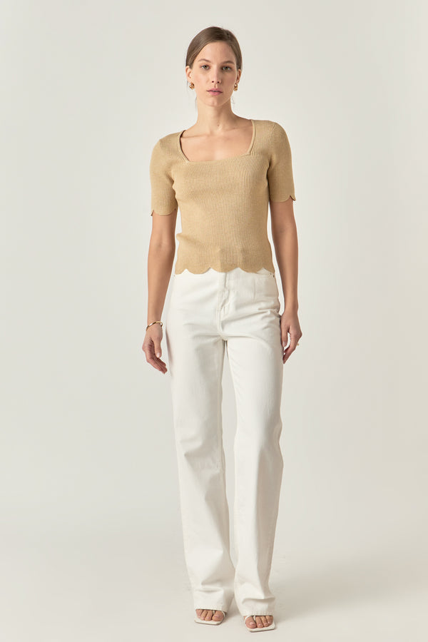 english factory Scalloped Hem Square Neck Sweater TAUPE