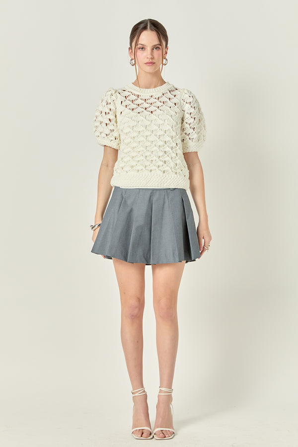 english factory Scalloped Puff Sleeve Knit Top OFF WHITE