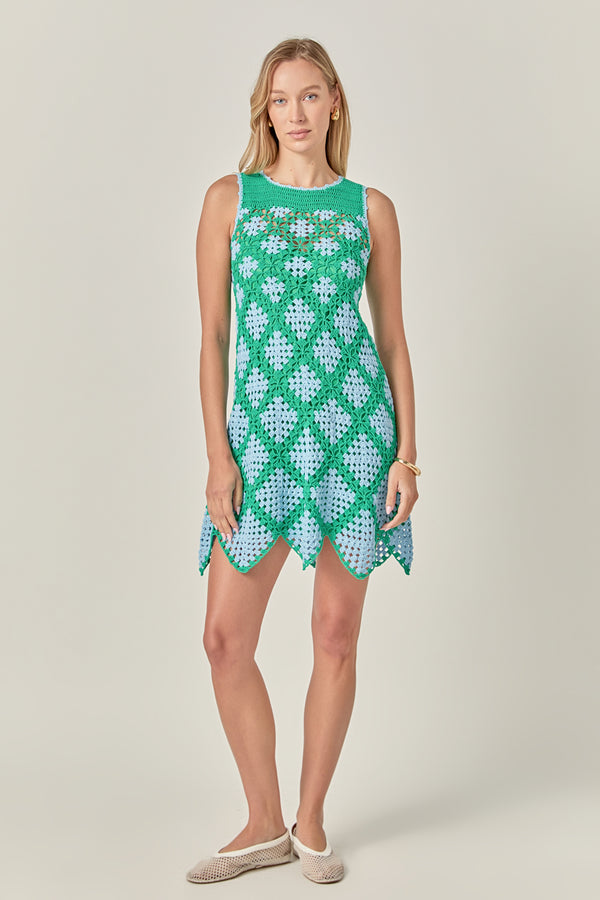 english factory Seabloom Crochet Knit Dress GREEN/POWDER BLUE