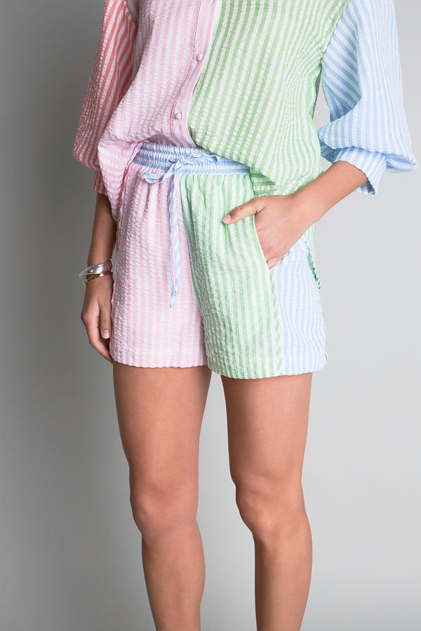 English Factory Seersucker Striped Colorblock Shorts MULTI