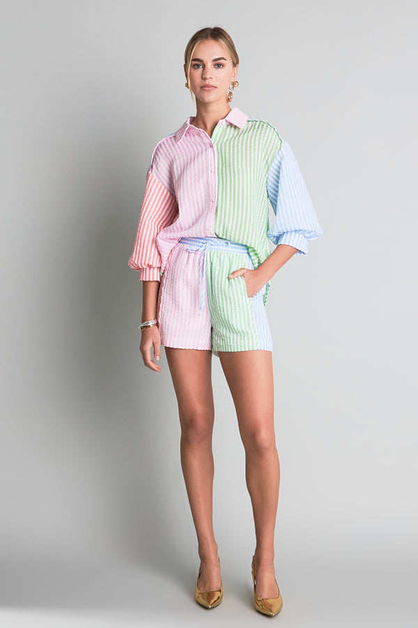 english factory Seersucker Striped Colorblock Shorts MULTI
