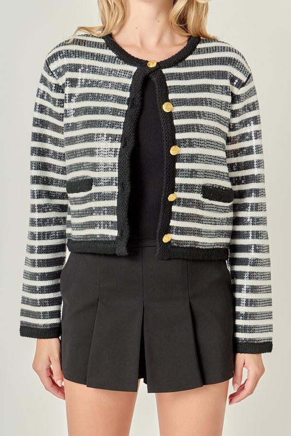 English Factory Sequin Striped Knit Cardigan BLACK/IVORY