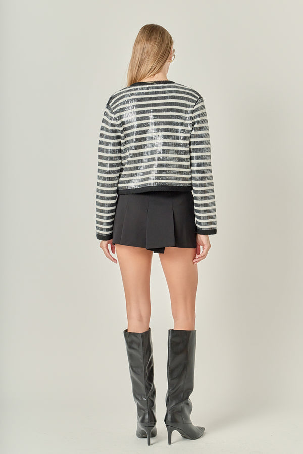 English Factory Sequin Striped Knit Cardigan BLACK/IVORY