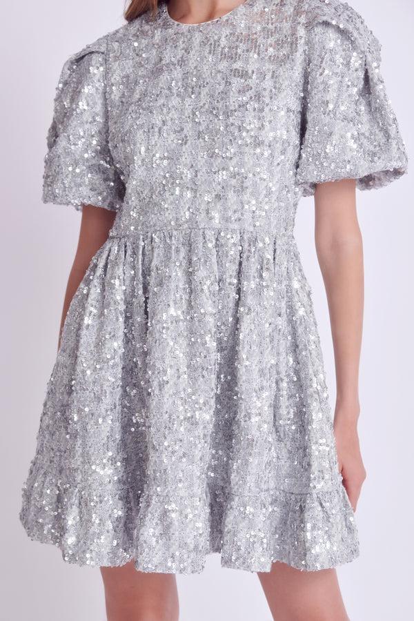 English Factory Sequin Tweed Tiered Mini Dress SILVER