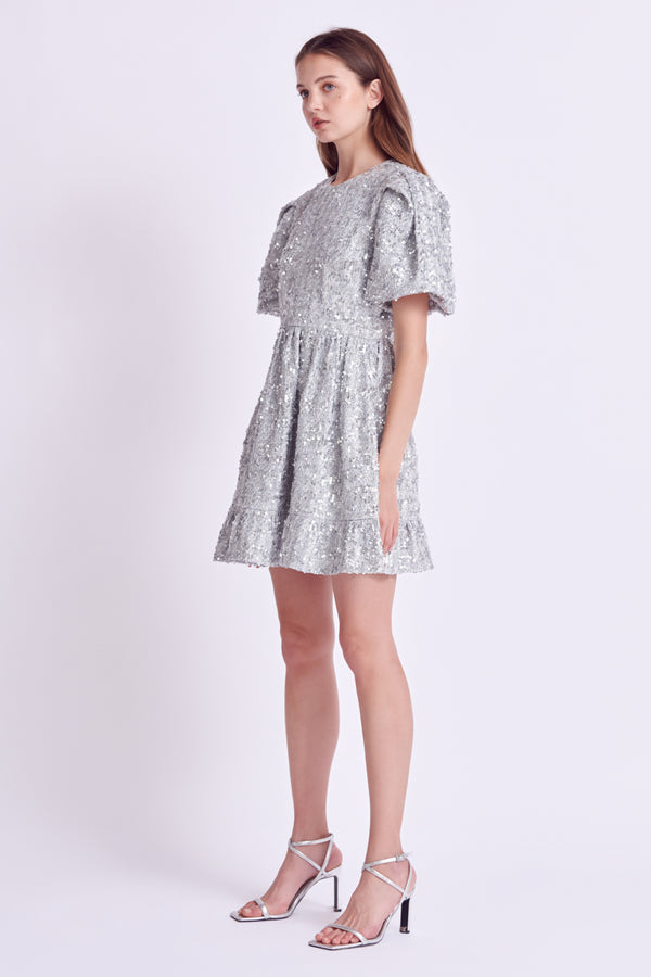 English Factory Sequin Tweed Tiered Mini Dress SILVER